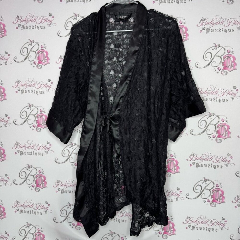 La senza robe kimono lace black tie up belt floral flowers mesh Lacey lounge